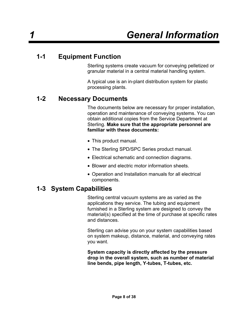 1 equipment function, 2 necessary documents, 3 system capabilities | 4 equipment cycle, 1general information | Sterlco SSC Conveying Systems User Manual | Page 9 / 39