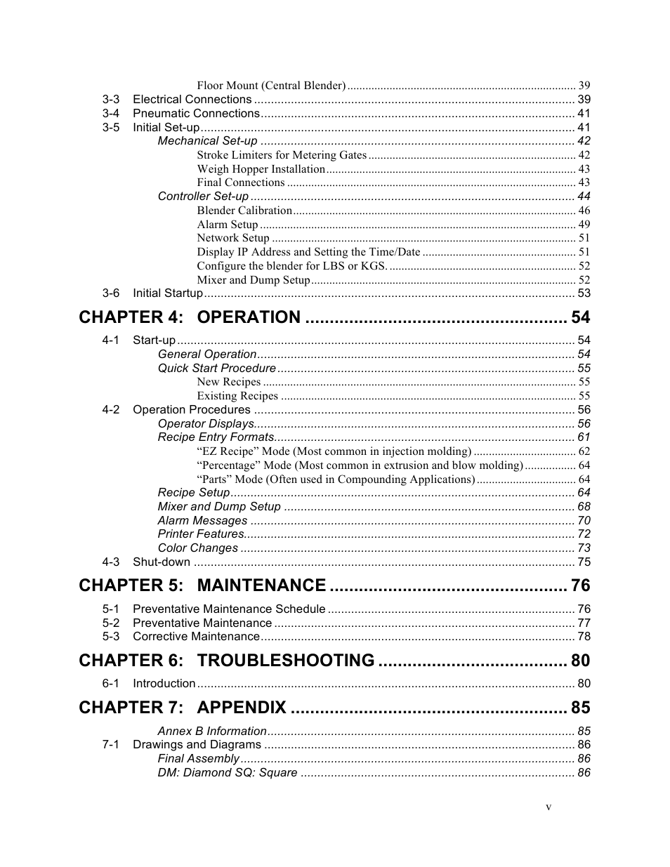 Chapter 4, Operation, Chapter 5 | Maintenance, Chapter 6, Troubleshooting, Chapter 7, Appendix | Sterlco SGBD Series Batch Gravimetric Blenders User Manual | Page 5 / 116