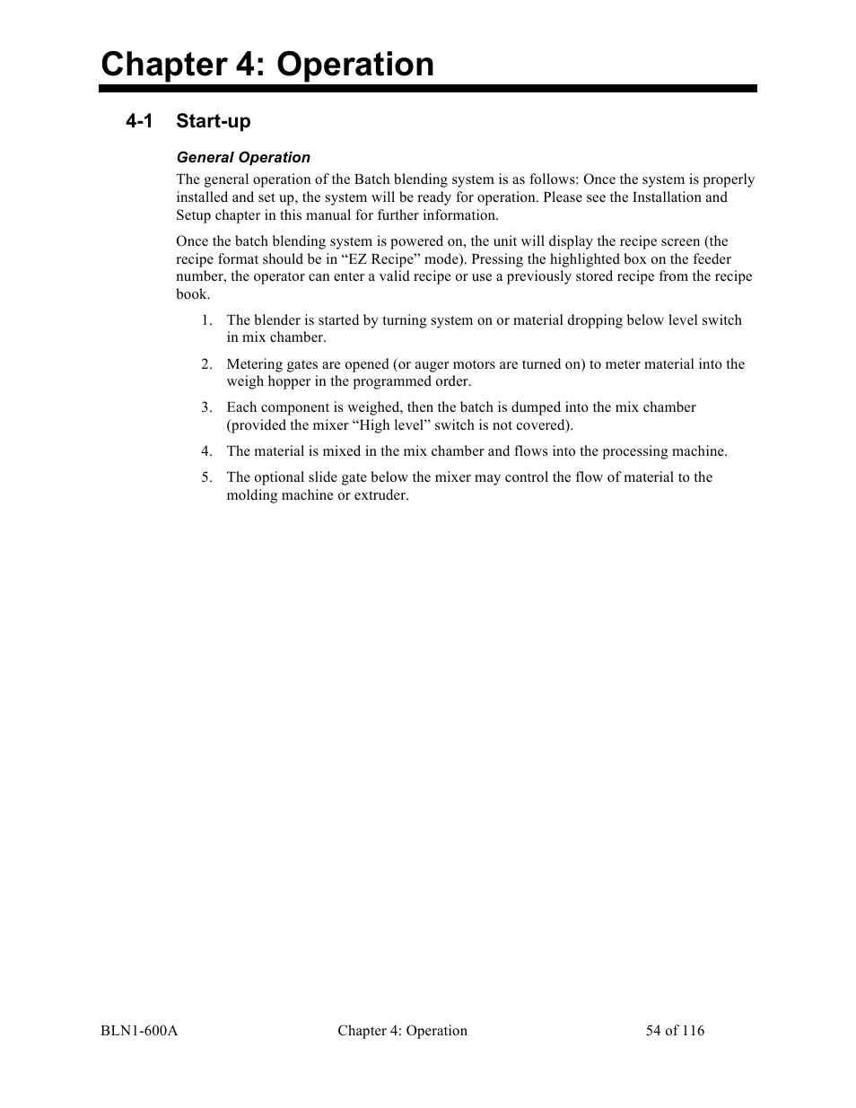 Chapter 4: operation, 1 start-up | Sterlco SGBD Series Batch Gravimetric Blenders User Manual | Page 54 / 116