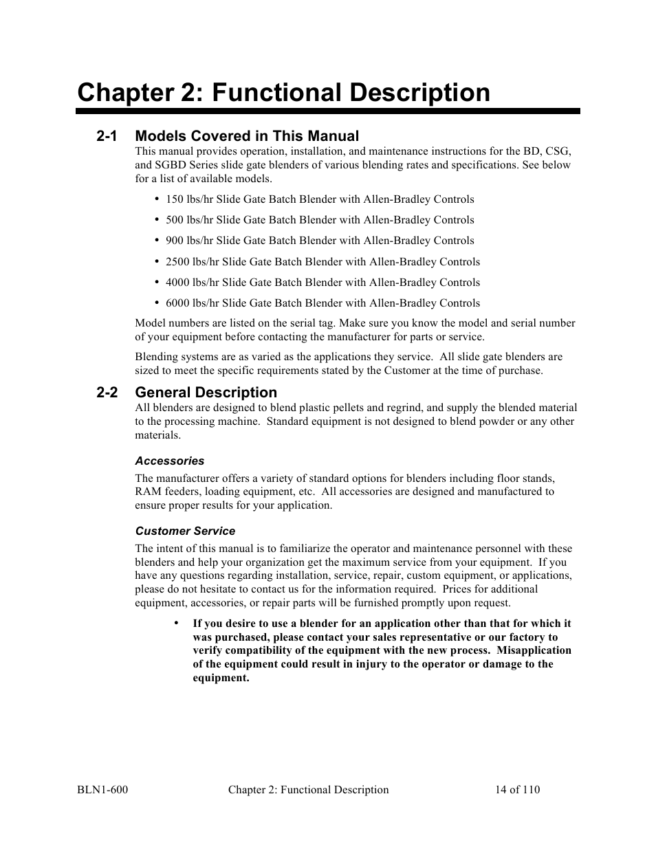Chapter 2: functional description, 1 models covered in this manual, 2 general description | Sterlco SGBD Series Batch Gravimetric Blenders User Manual | Page 14 / 110