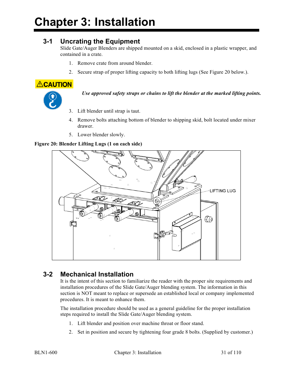 Chapter 3: installation, 1 uncrating the equipment, 2 mechanical installation | Sterlco SGBD Series Batch Gravimetric Blenders User Manual | Page 31 / 110