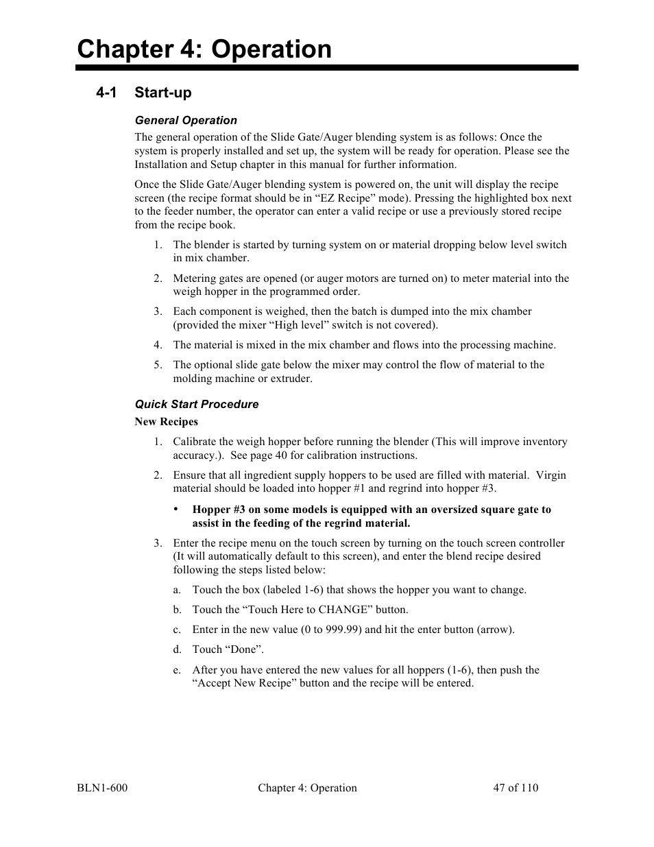 Chapter 4: operation, 1 start-up | Sterlco SGBD Series Batch Gravimetric Blenders User Manual | Page 47 / 110