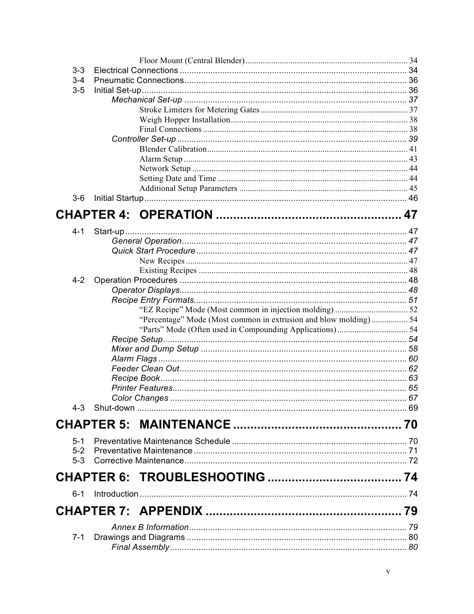 Chapter 4, Operation, Chapter 5 | Maintenance, Chapter 6, Troubleshooting, Chapter 7, Appendix | Sterlco SGBD Series Batch Gravimetric Blenders User Manual | Page 5 / 110