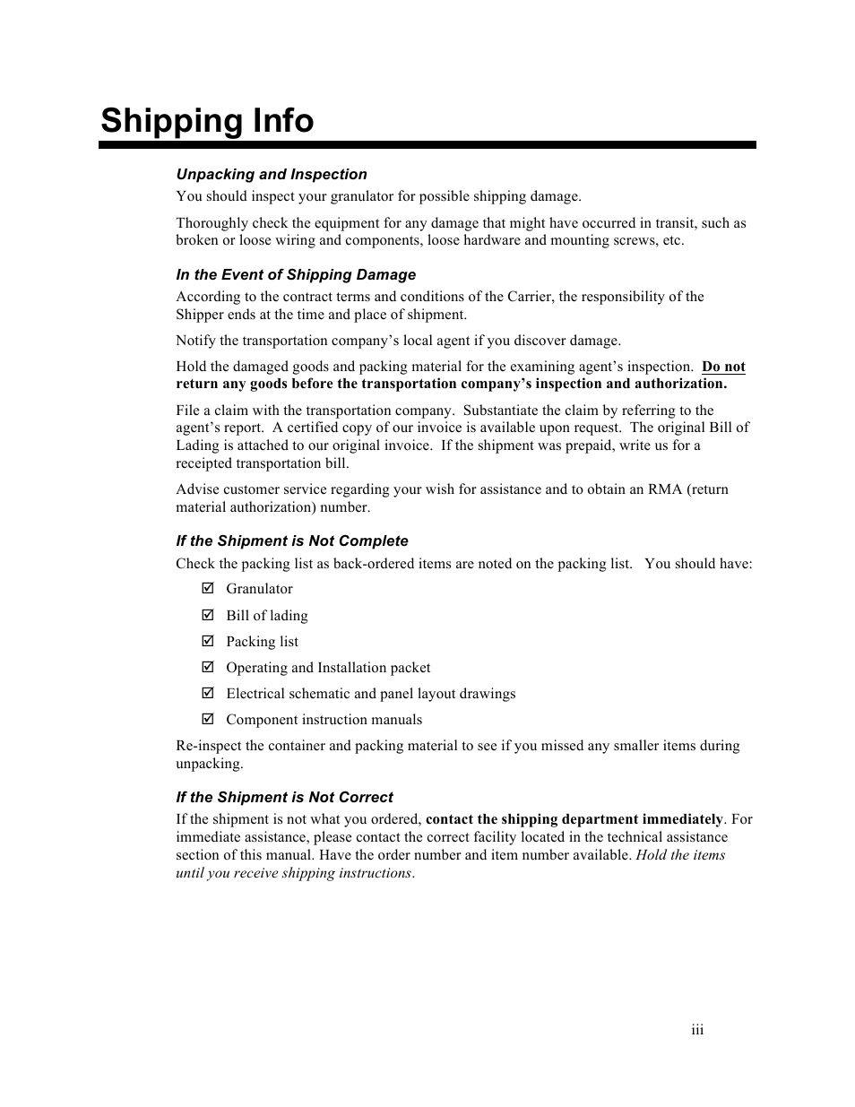 Shipping info | Sterlco SDD Series User Manual | Page 3 / 96