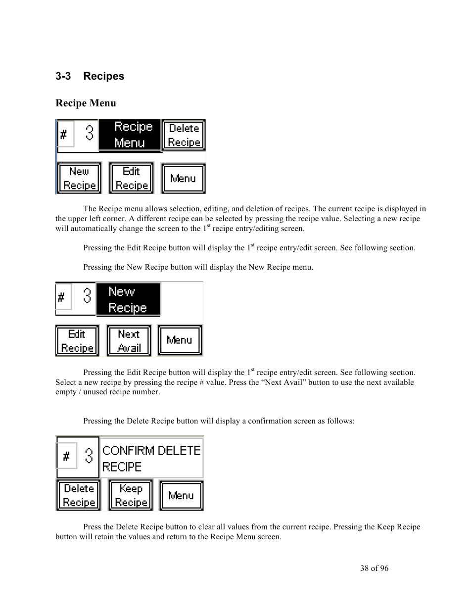 3 recipes, Recipe menu | Sterlco SDD Series User Manual | Page 38 / 96