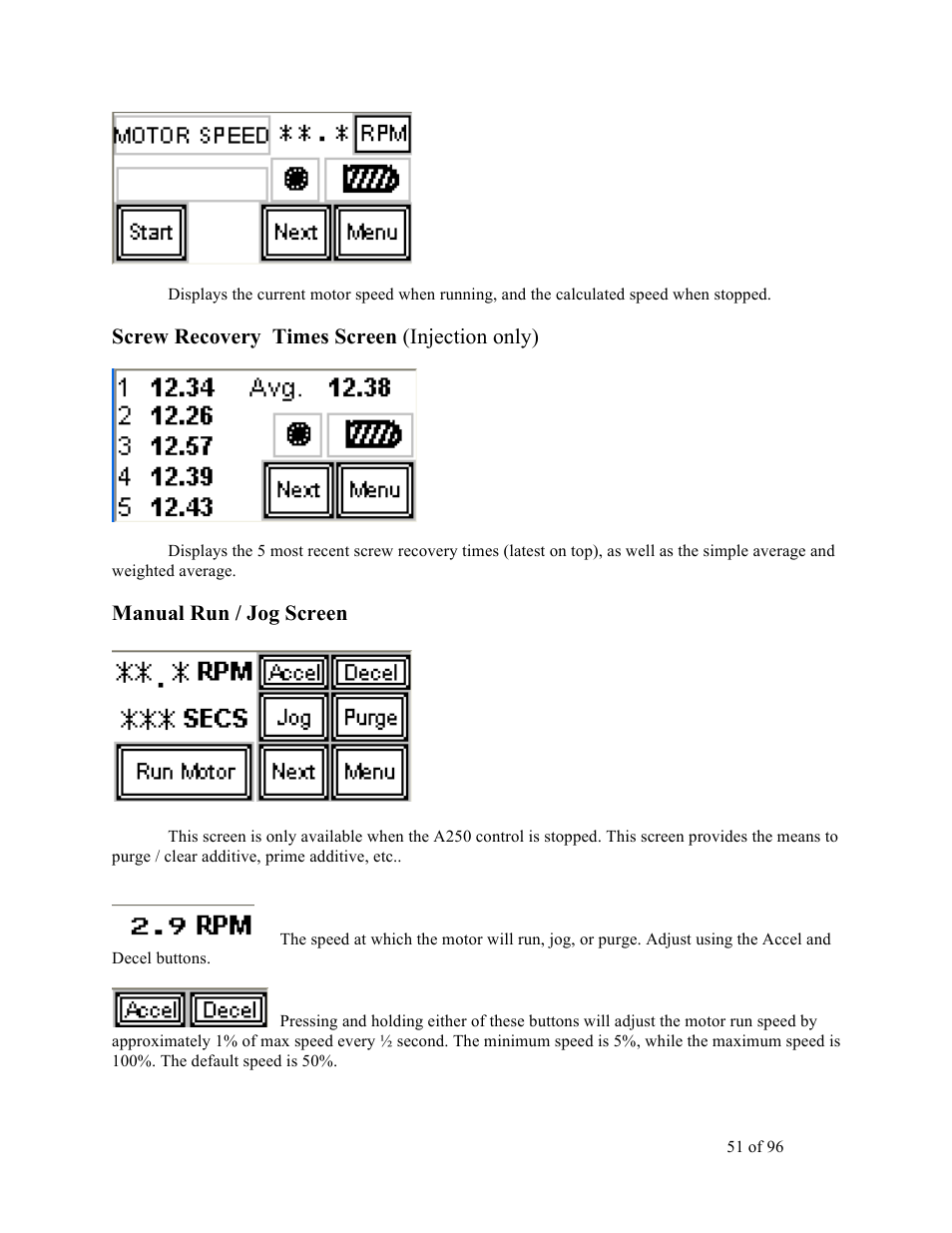 Screw recovery times screen (injection only), Manual run / jog screen | Sterlco SDD Series User Manual | Page 51 / 96