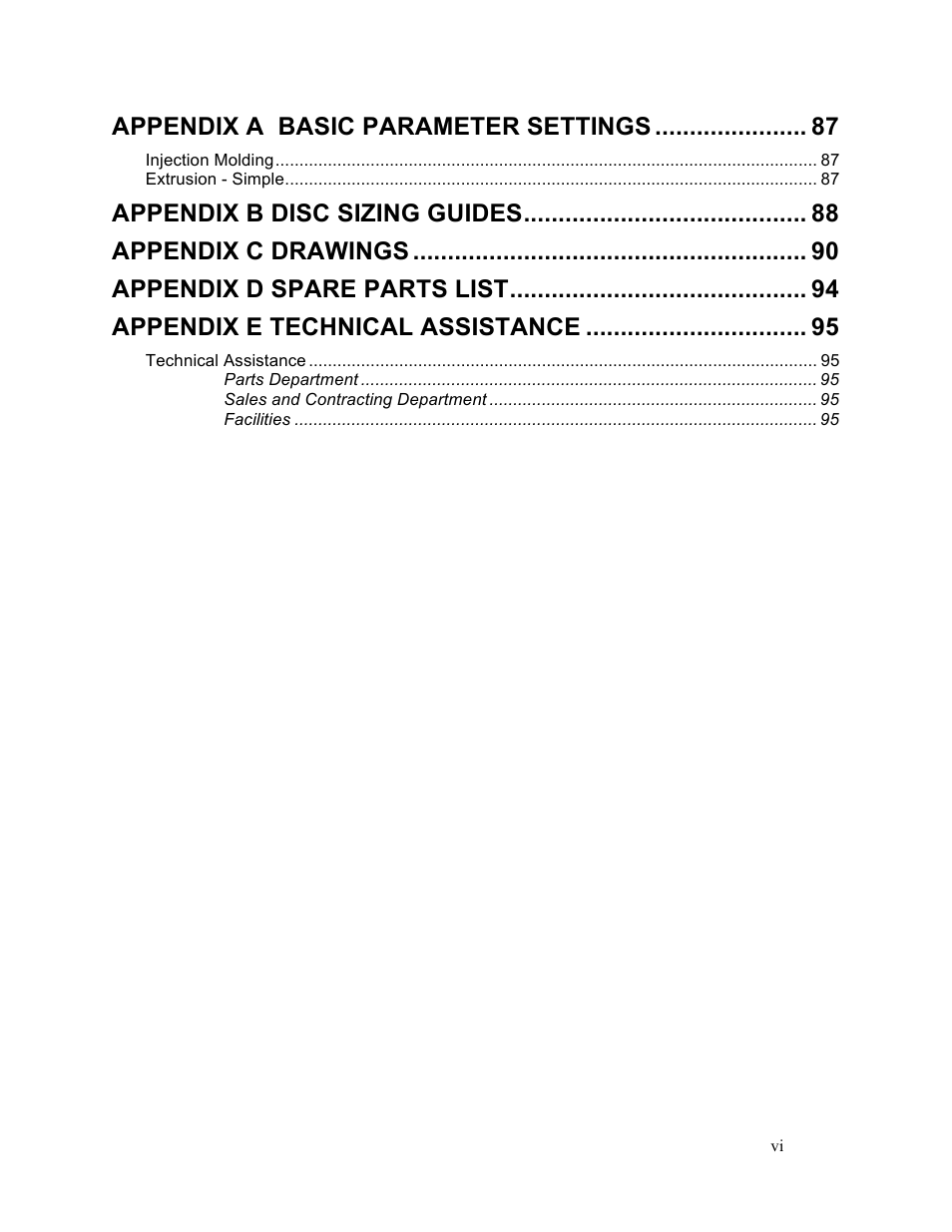 Appendix a basic parameter settings, Appendix b disc sizing guides, Appendix c drawings | Appendix d spare parts list, Appendix e technical assistance | Sterlco SDD Series User Manual | Page 6 / 96