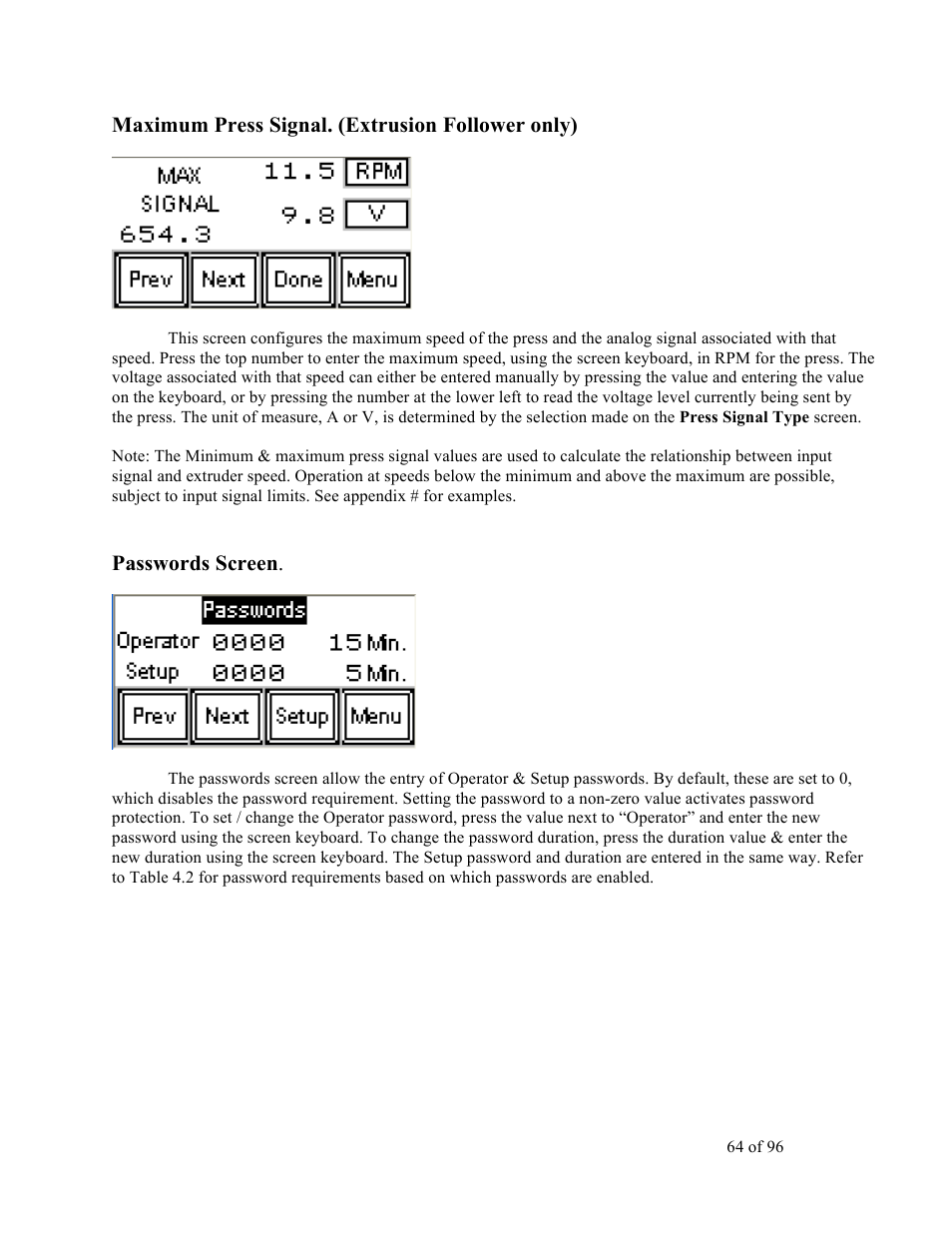 Maximum press signal. (extrusion follower only), Passwords screen | Sterlco SDD Series User Manual | Page 64 / 96