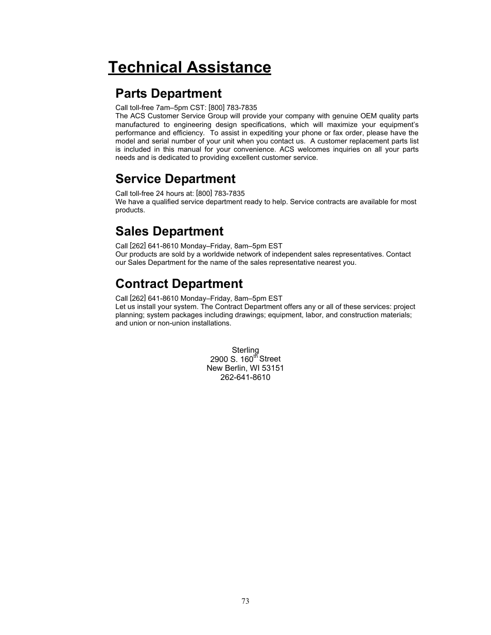 Technical assistance, Parts department, Service department | Sales department, Contract department | Sterlco S-150 Digital Dosing Controller User Manual | Page 79 / 79