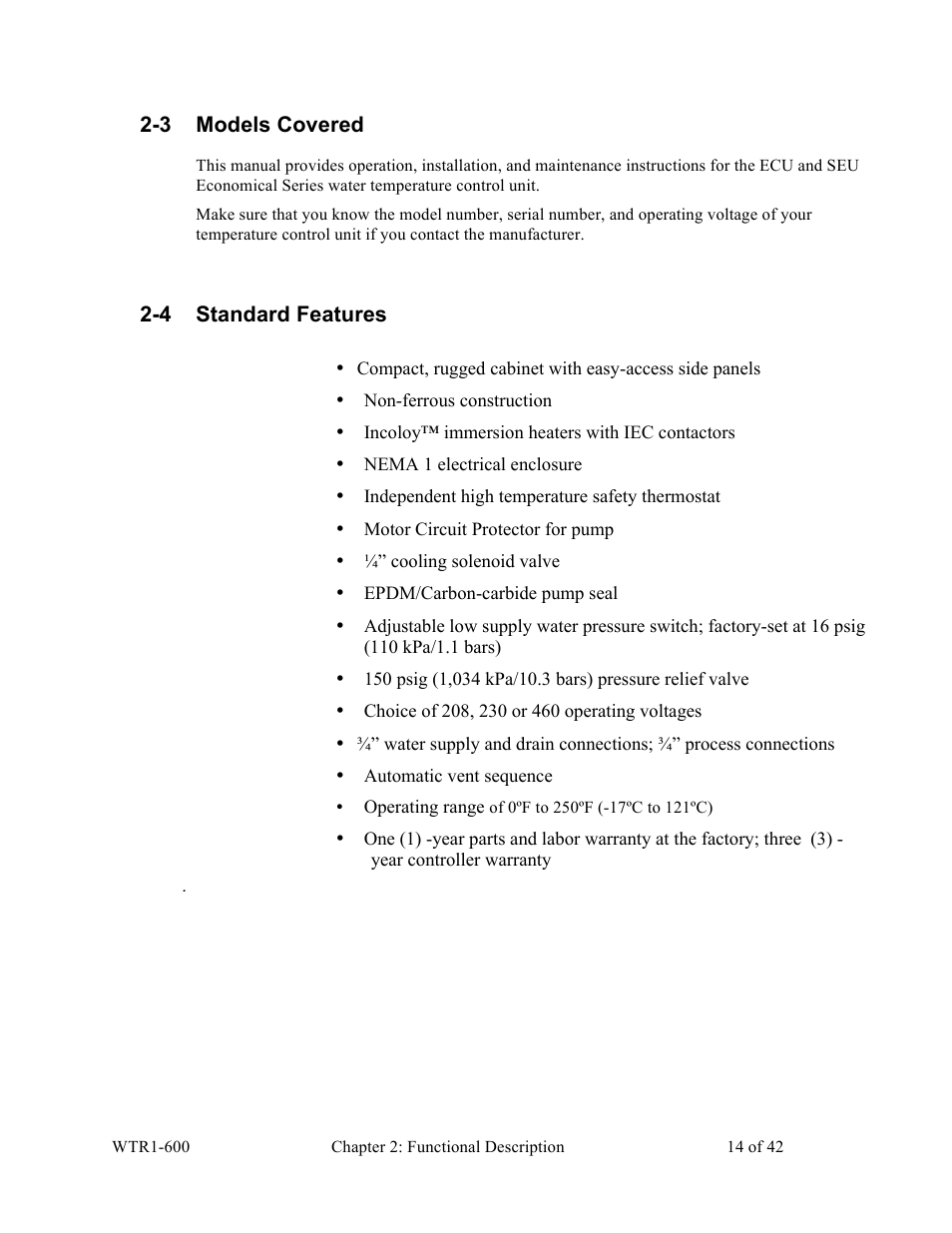 3 models covered, 4 standard features | Sterlco SEU Series Economical Water TCU User Manual | Page 14 / 42