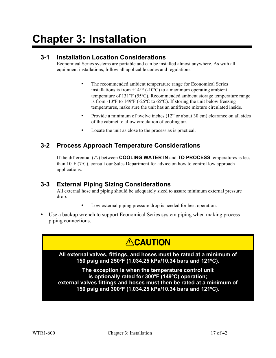Chapter 3: installation, 1 installation location considerations, 2 process approach temperature considerations | 3 external piping sizing considerations | Sterlco SEU Series Economical Water TCU User Manual | Page 17 / 42