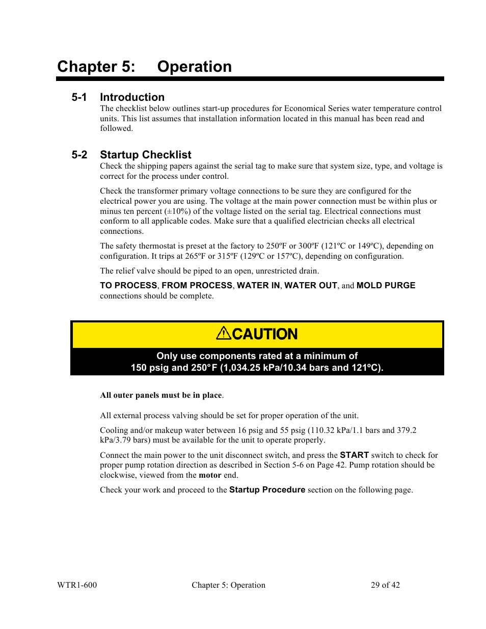 Chapter 5: operation, 1 introduction, 2 startup checklist | Sterlco SEU Series Economical Water TCU User Manual | Page 29 / 42