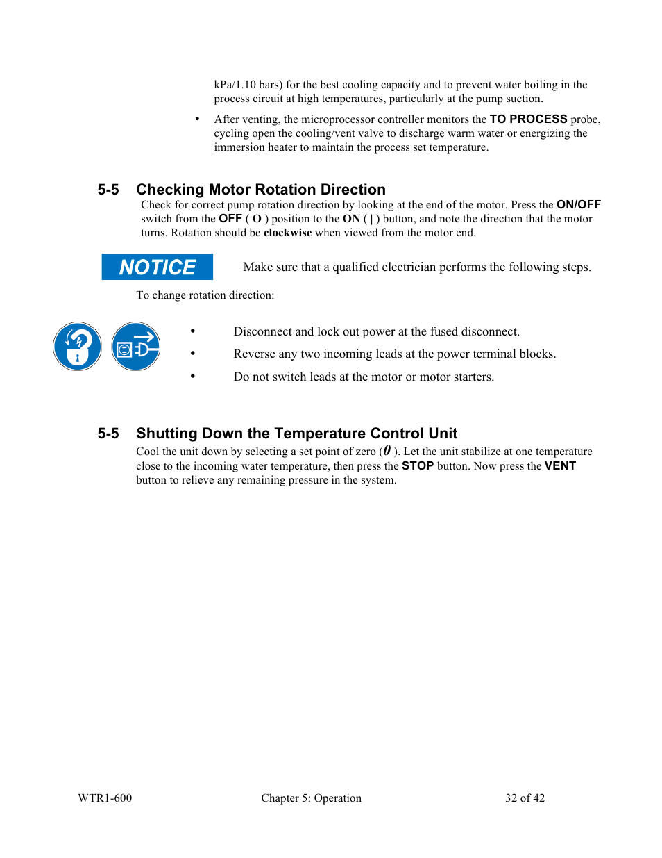5 checking motor rotation direction, 5 shutting down the temperature control unit | Sterlco SEU Series Economical Water TCU User Manual | Page 32 / 42