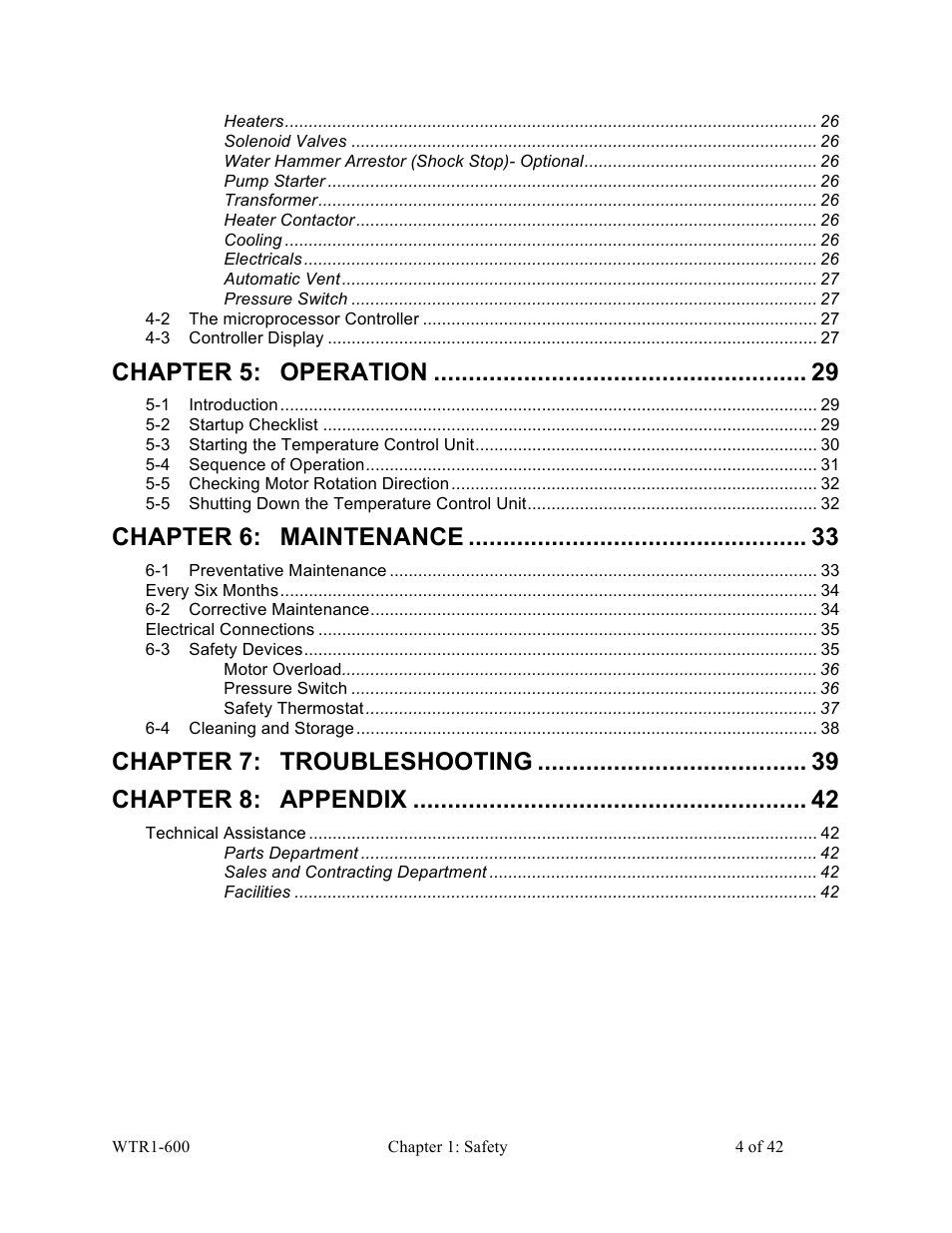Chapter 5, Operation, Chapter 6 | Maintenance, Chapter 7, Troubleshooting, Chapter 8, Appendix | Sterlco SEU Series Economical Water TCU User Manual | Page 4 / 42
