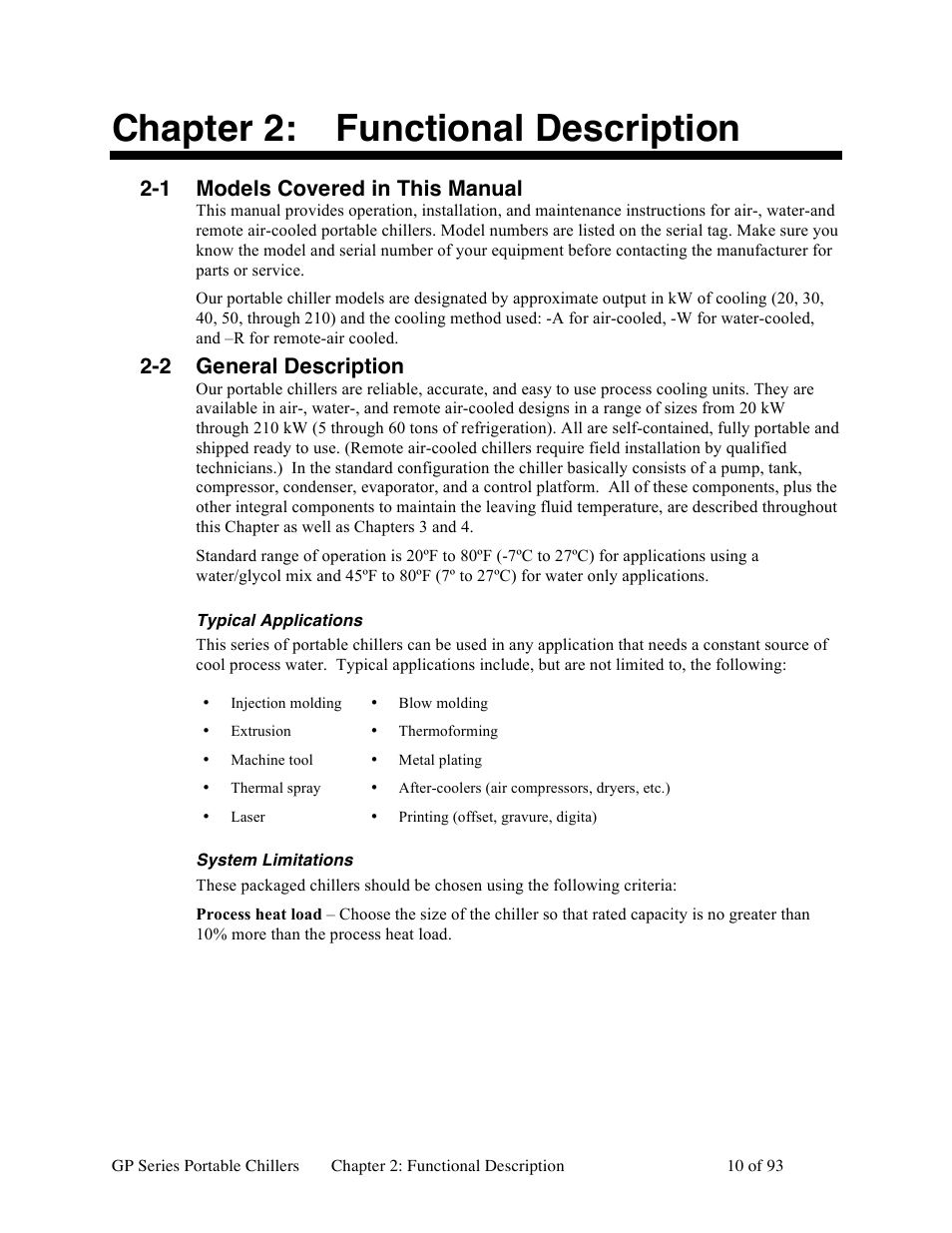 Chapter 2: functional description, 1 models covered in this manual, 2 general description | Sterlco GP Series 5-15 HP Portable Chillers User Manual | Page 10 / 93
