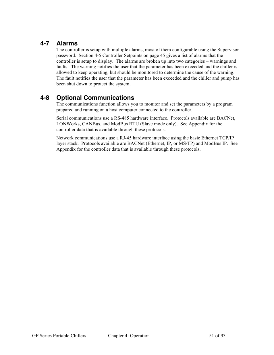 7 alarms, 8 optional communications | Sterlco GP Series 5-15 HP Portable Chillers User Manual | Page 51 / 93
