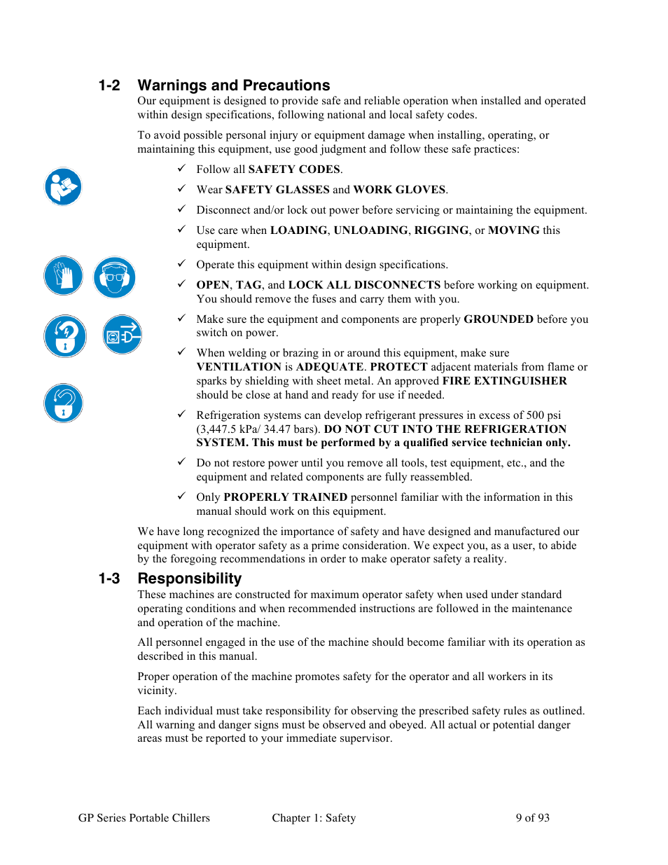 2 warnings and precautions, 3 responsibility | Sterlco GP Series 5-15 HP Portable Chillers User Manual | Page 9 / 93