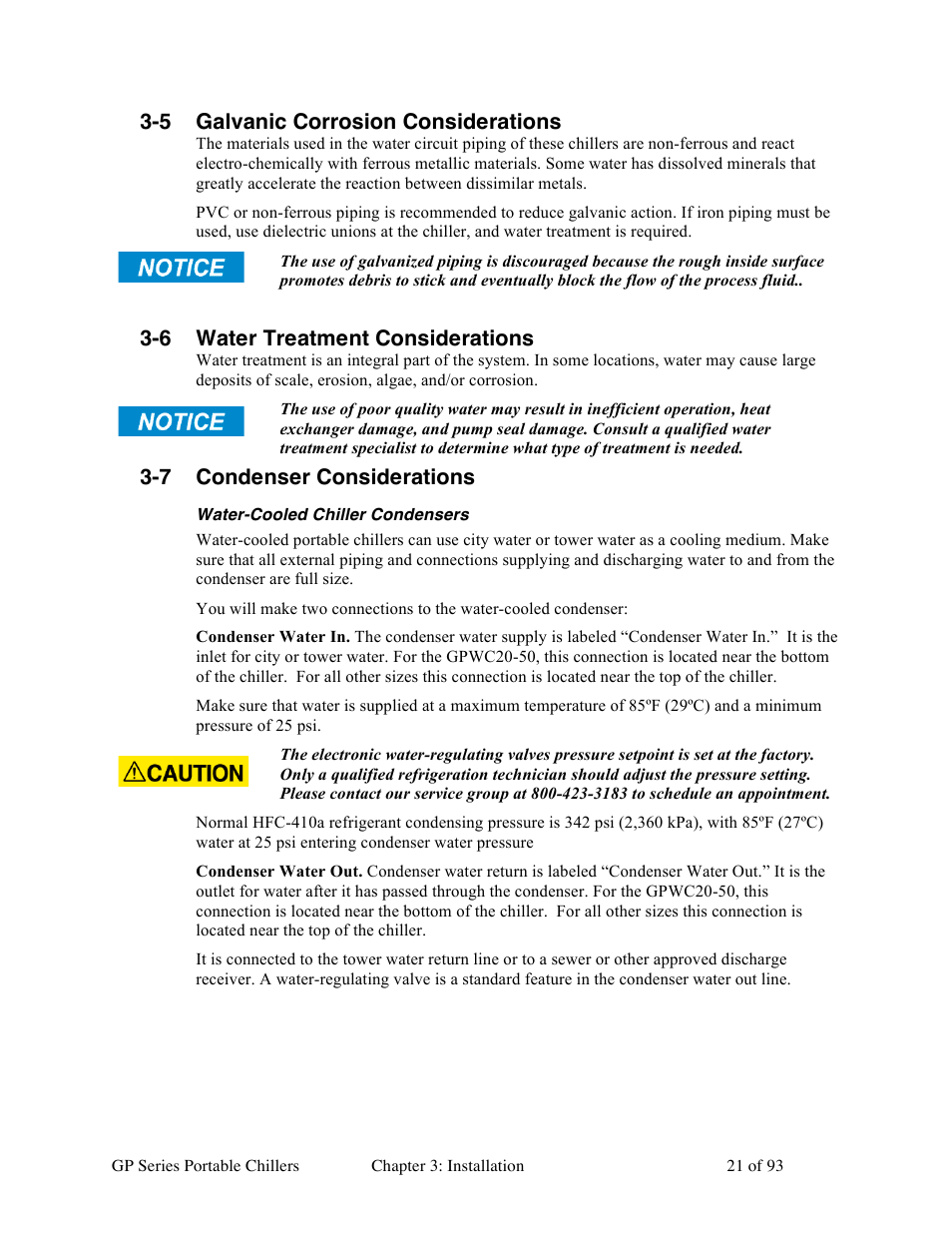 5 galvanic corrosion considerations, 6 water treatment considerations, 7 condenser considerations | Sterlco GP Series 20-60 HP Packaged Chillers User Manual | Page 21 / 93