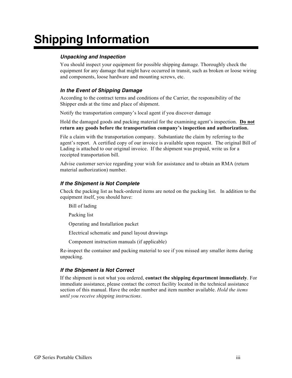 Shipping information | Sterlco GP Series 20-60 HP Packaged Chillers User Manual | Page 3 / 93