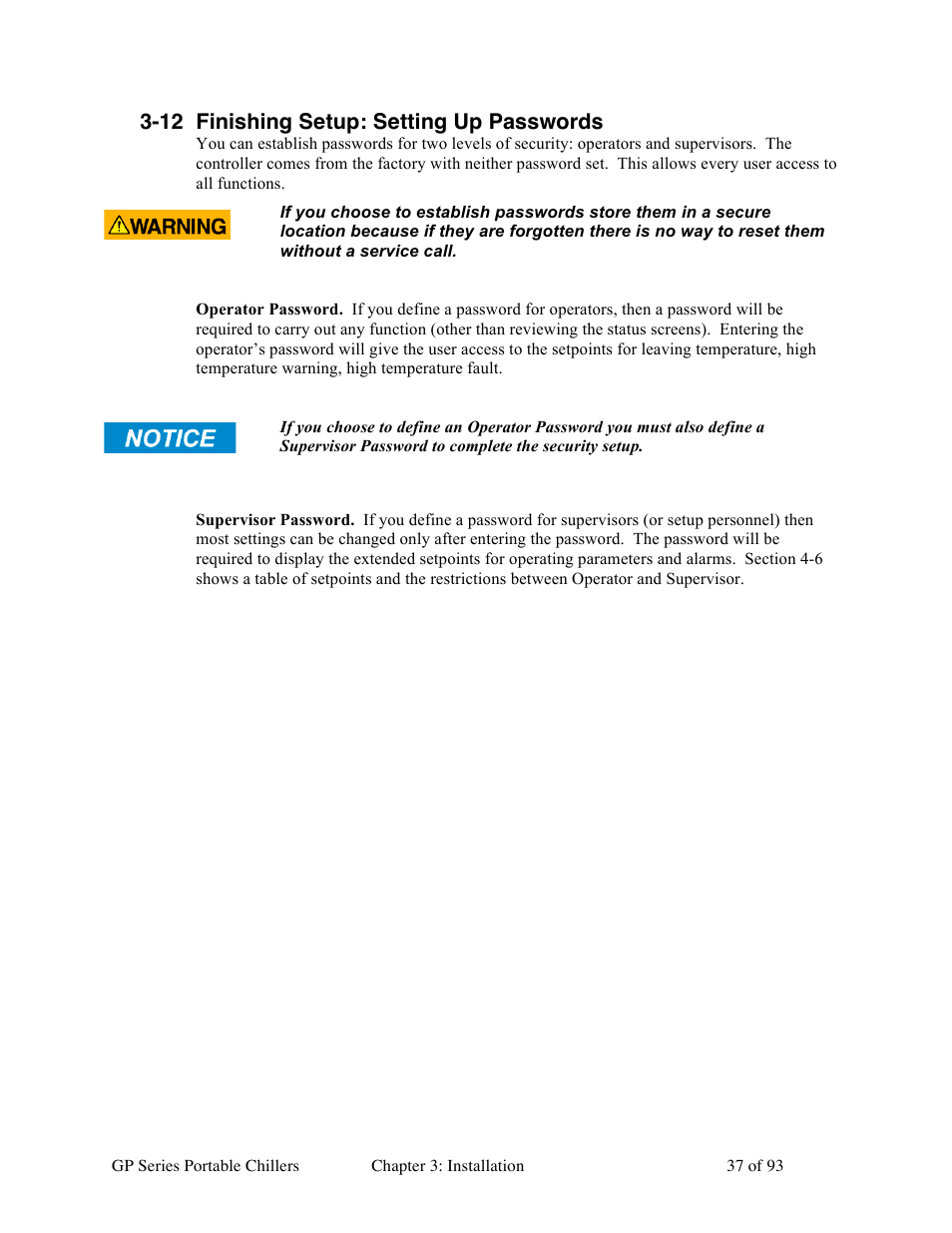 12 finishing setup: setting up passwords | Sterlco GP Series 20-60 HP Packaged Chillers User Manual | Page 37 / 93