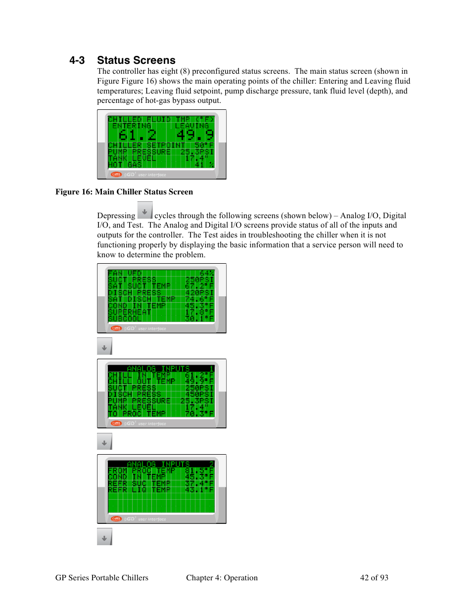 3 status screens | Sterlco GP Series 20-60 HP Packaged Chillers User Manual | Page 42 / 93