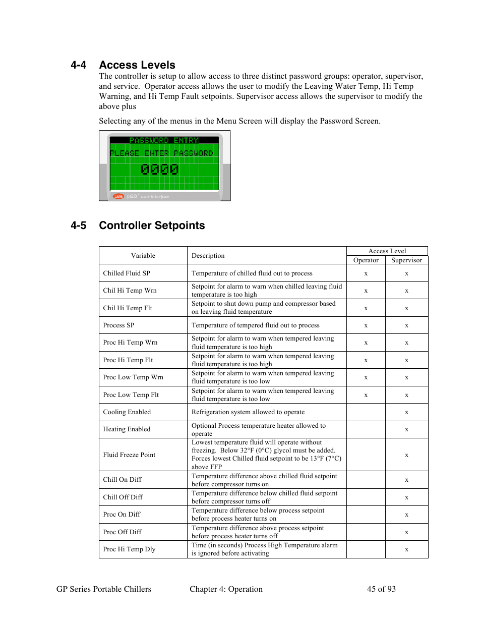 4 access levels, 5 controller setpoints | Sterlco GP Series 20-60 HP Packaged Chillers User Manual | Page 45 / 93
