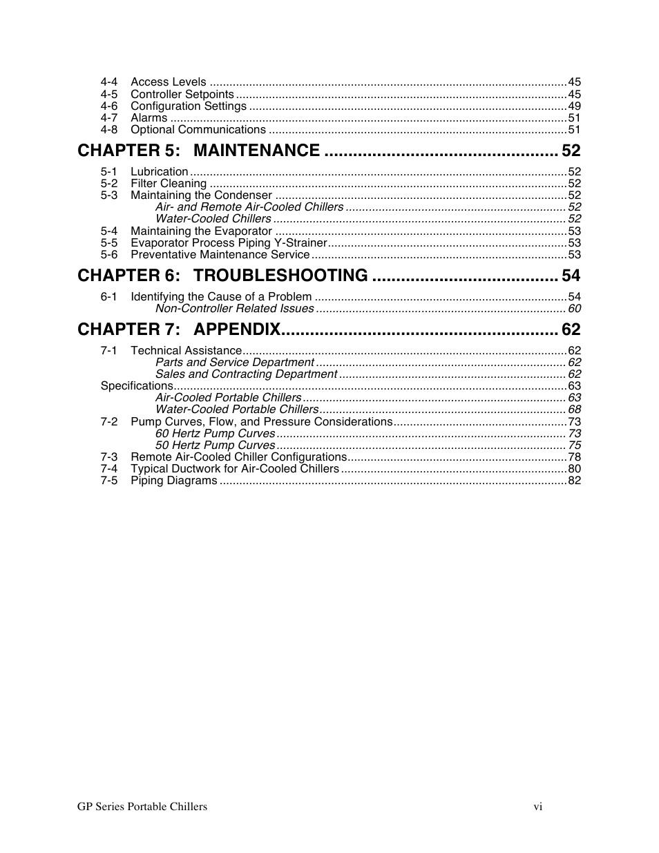 Chapter 5, Maintenance, Chapter 6 | Troubleshooting, Chapter 7, Appendix | Sterlco GP Series 20-60 HP Packaged Chillers User Manual | Page 6 / 93