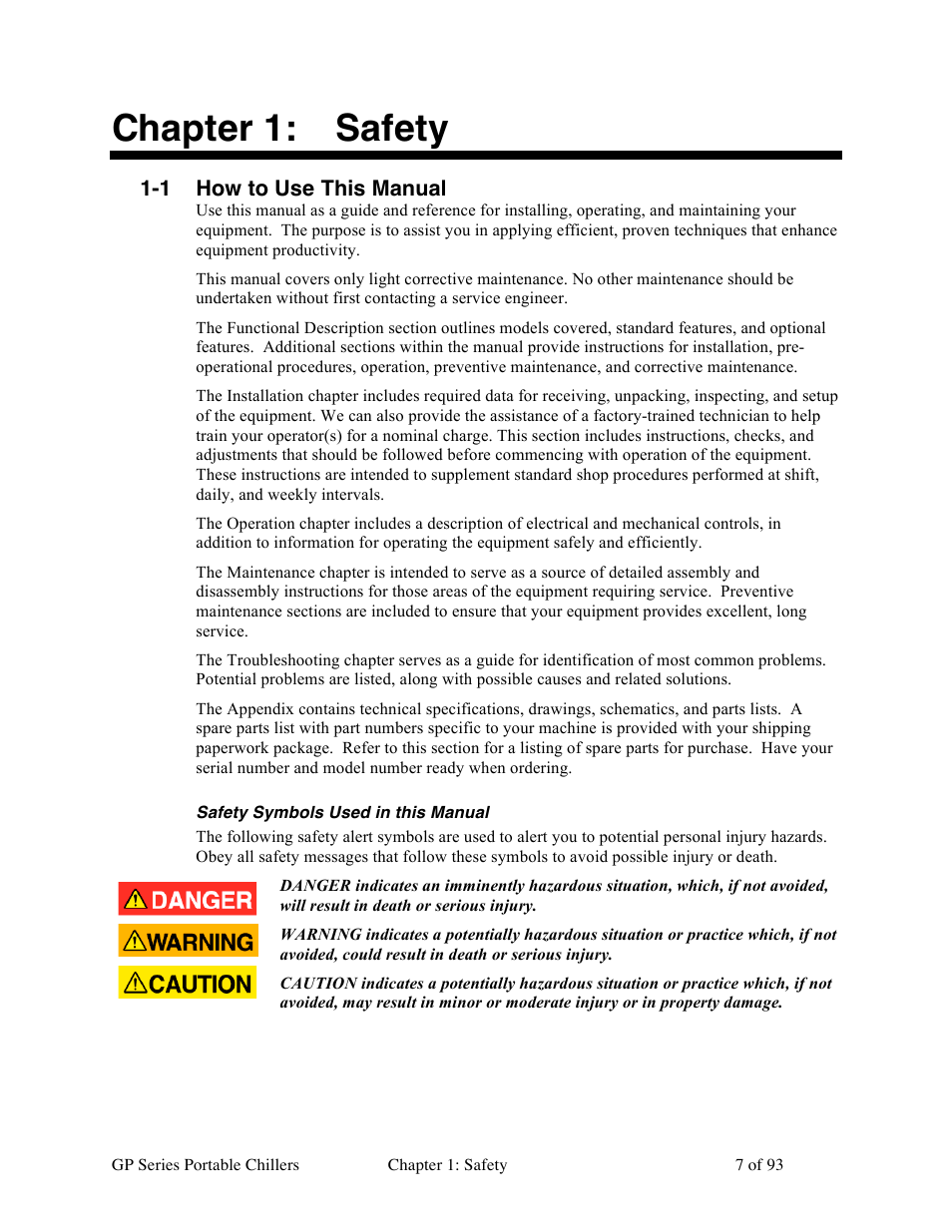 Chapter 1: safety, 1 how to use this manual | Sterlco GP Series 20-60 HP Packaged Chillers User Manual | Page 7 / 93