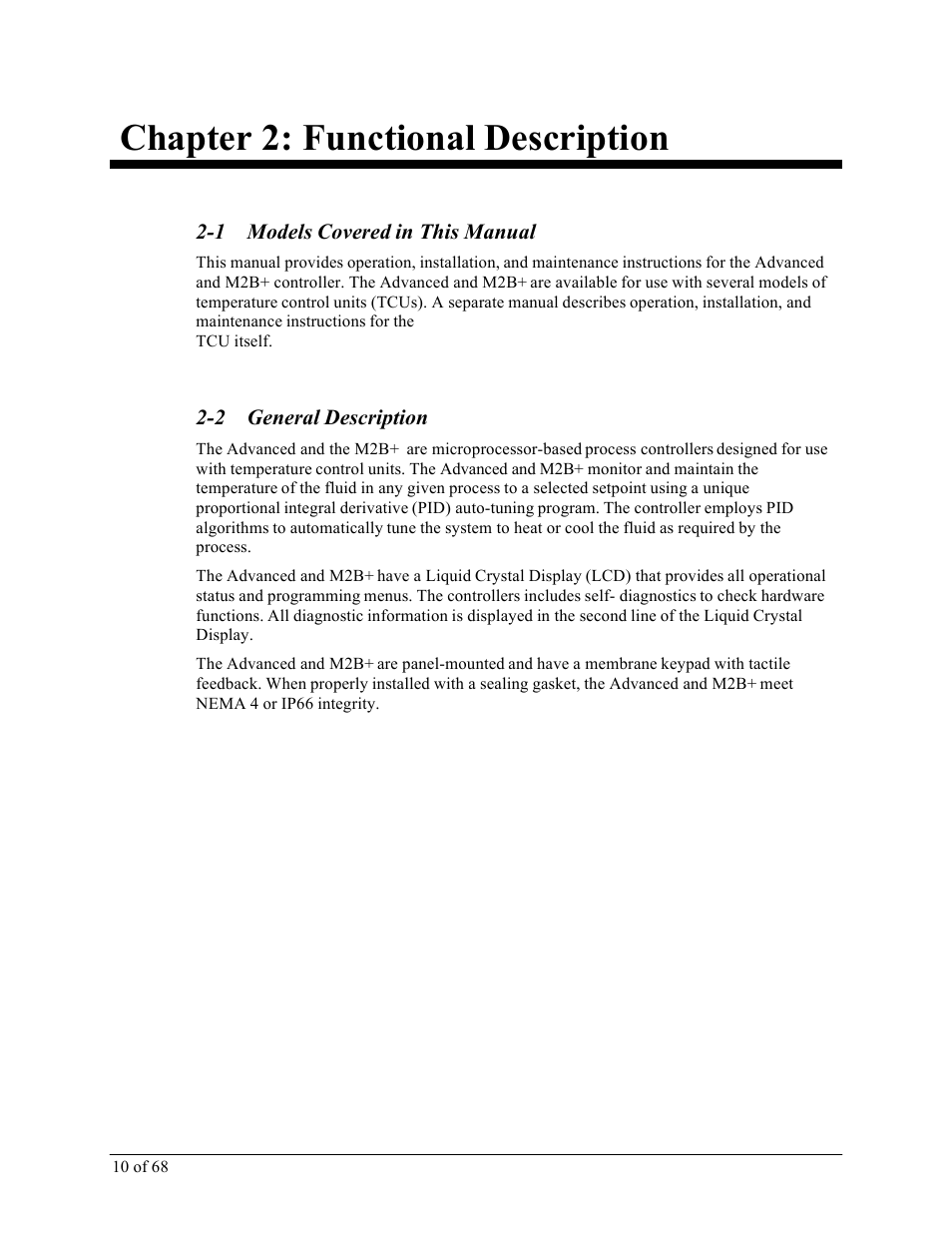 Chapter 2: functional description, 1 models covered in this manual, 2 general description | Sterlco M2B+ Controller User Manual | Page 10 / 68