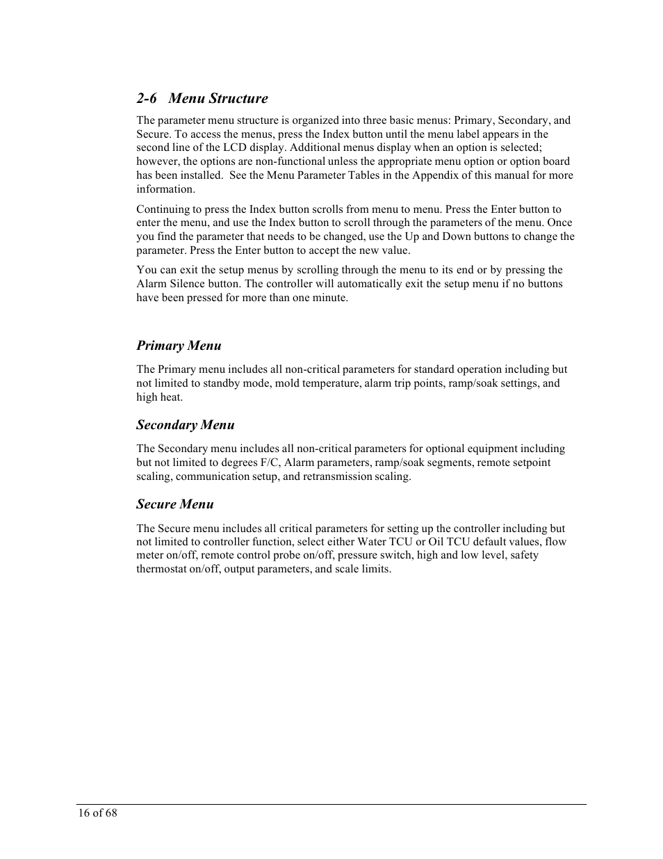 6 menu structure, Primary menu, Secondary menu | Secure menu | Sterlco M2B+ Controller User Manual | Page 16 / 68