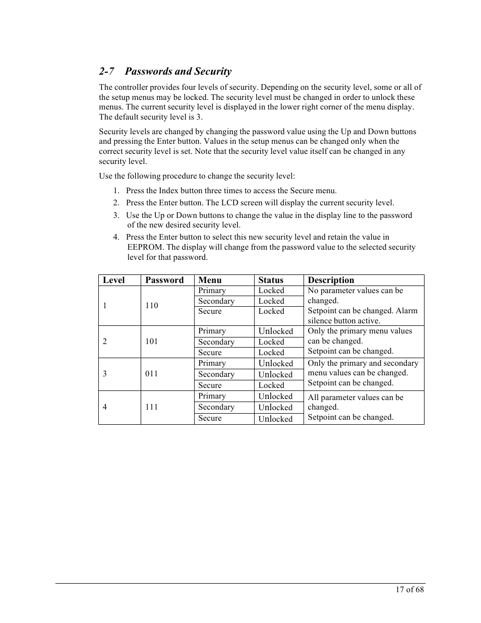 7 passwords and security | Sterlco M2B+ Controller User Manual | Page 17 / 68