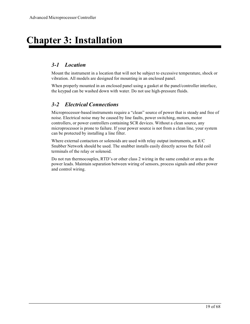Chapter 3: installation, 1 location, 2 electrical connections | Sterlco M2B+ Controller User Manual | Page 19 / 68