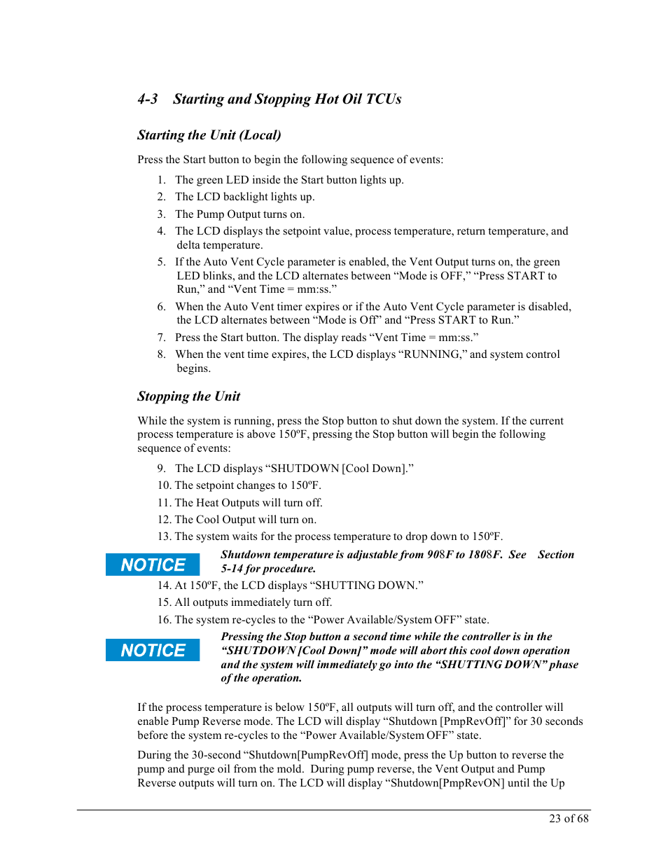 3 starting and stopping hot oil tcus, Starting the unit (local), Stopping the unit | Sterlco M2B+ Controller User Manual | Page 23 / 68