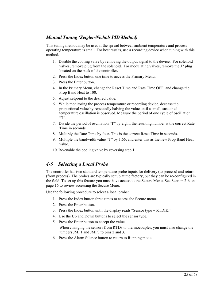 5 selecting a local probe, Manual tuning (zeigler-nichols pid method) | Sterlco M2B+ Controller User Manual | Page 25 / 68