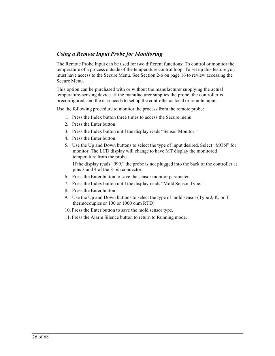 Using a remote input probe for monitoring | Sterlco M2B+ Controller User Manual | Page 26 / 68