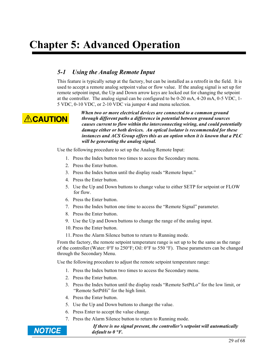Chapter 5: advanced operation, 1 using the analog remote input | Sterlco M2B+ Controller User Manual | Page 29 / 68