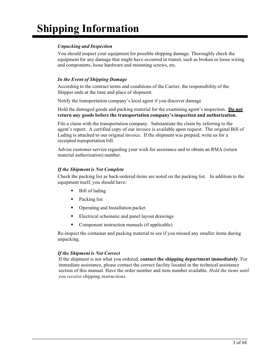 Shipping information | Sterlco M2B+ Controller User Manual | Page 3 / 68