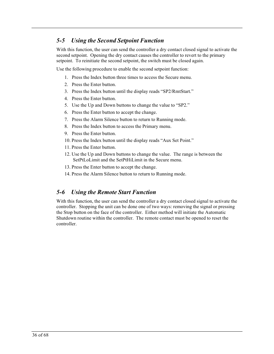 5 using the second setpoint function, 6 using the remote start function | Sterlco M2B+ Controller User Manual | Page 36 / 68