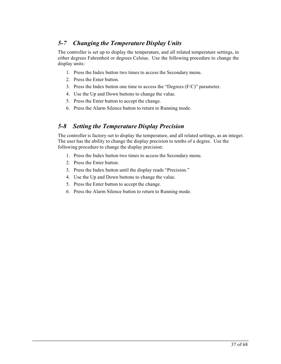 7 changing the temperature display units, 8 setting the temperature display precision | Sterlco M2B+ Controller User Manual | Page 37 / 68