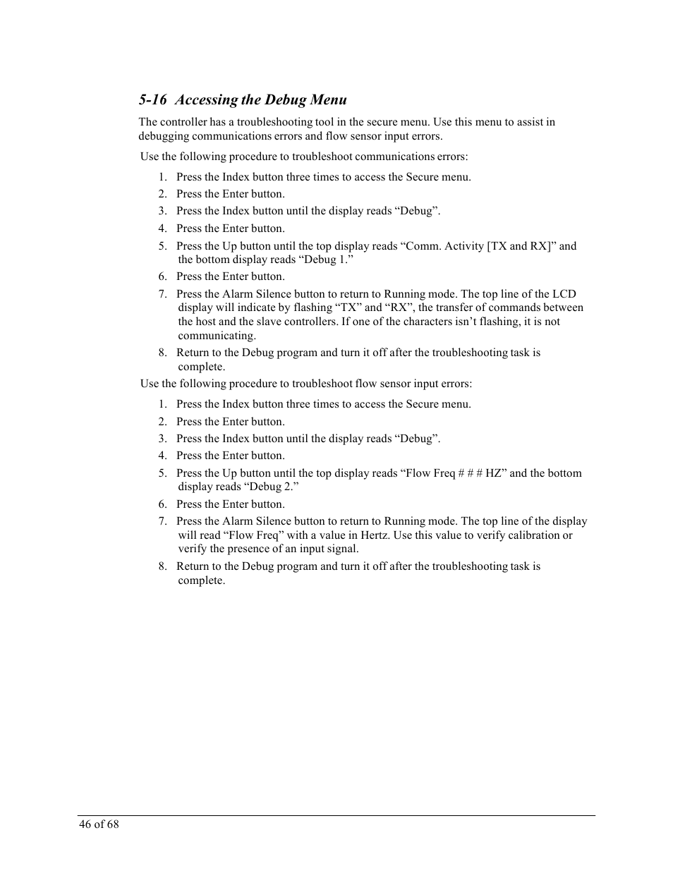 16 accessing the debug menu | Sterlco M2B+ Controller User Manual | Page 46 / 68