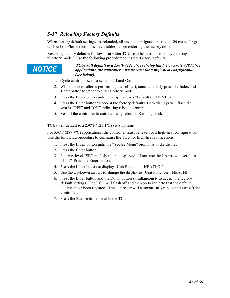 17 reloading factory defaults | Sterlco M2B+ Controller User Manual | Page 47 / 68