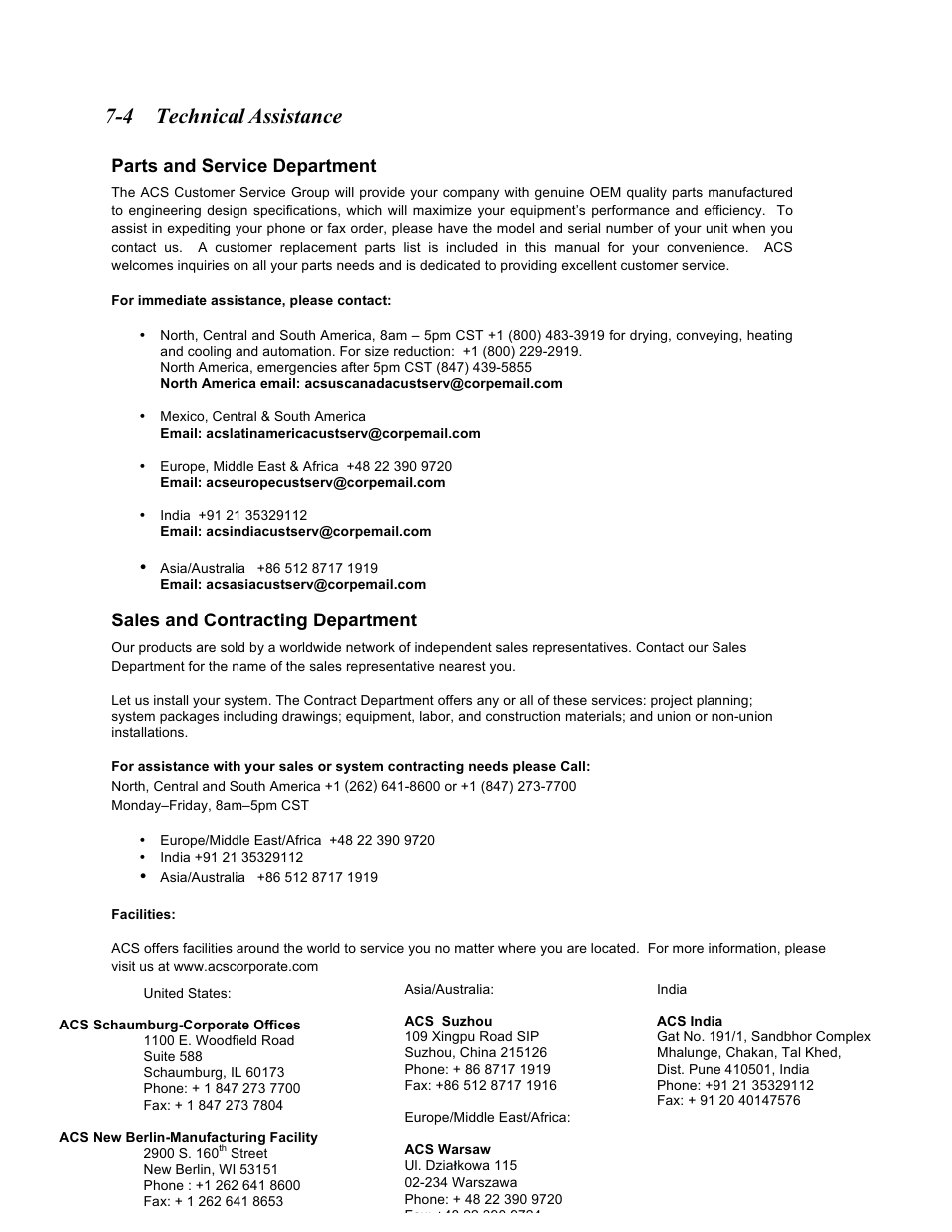 4 technical assistance, Parts and service department, Sales and contracting department | Sterlco M2B+ Controller User Manual | Page 68 / 68