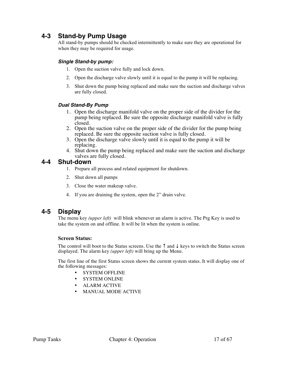 3 stand-by pump usage, 4 shut-down, 5 display | Sterlco 140 to 6,285 Gallon Pump Tanks User Manual | Page 17 / 67