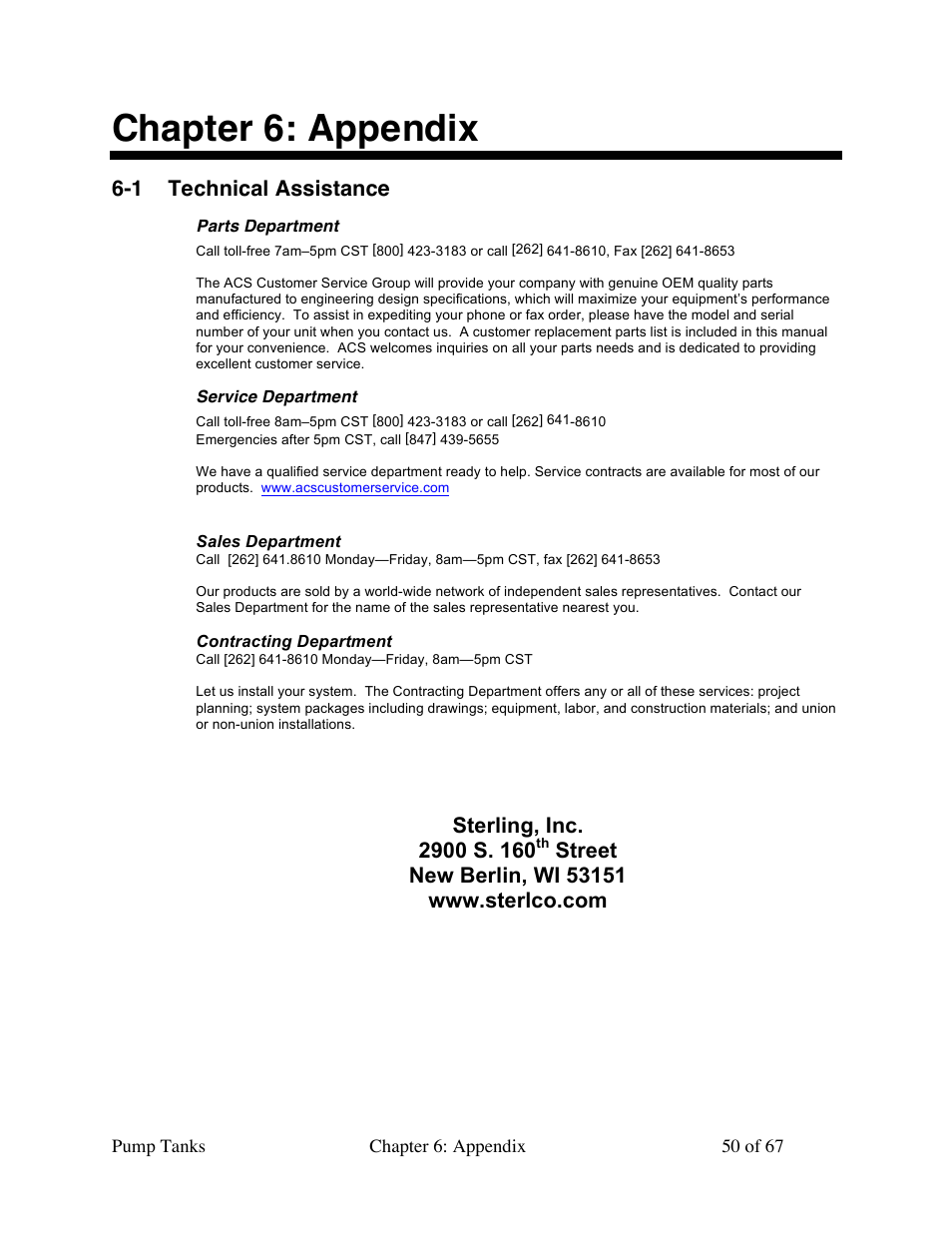 Chapter 6: appendix, 1 technical assistance | Sterlco 140 to 6,285 Gallon Pump Tanks User Manual | Page 50 / 67