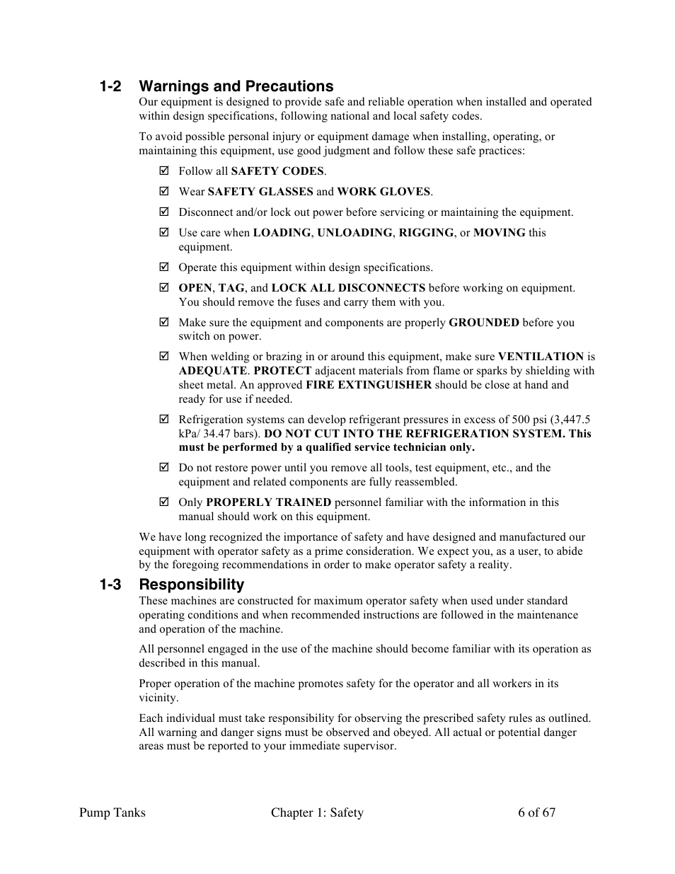 2 warnings and precautions, 3 responsibility | Sterlco 140 to 6,285 Gallon Pump Tanks User Manual | Page 6 / 67