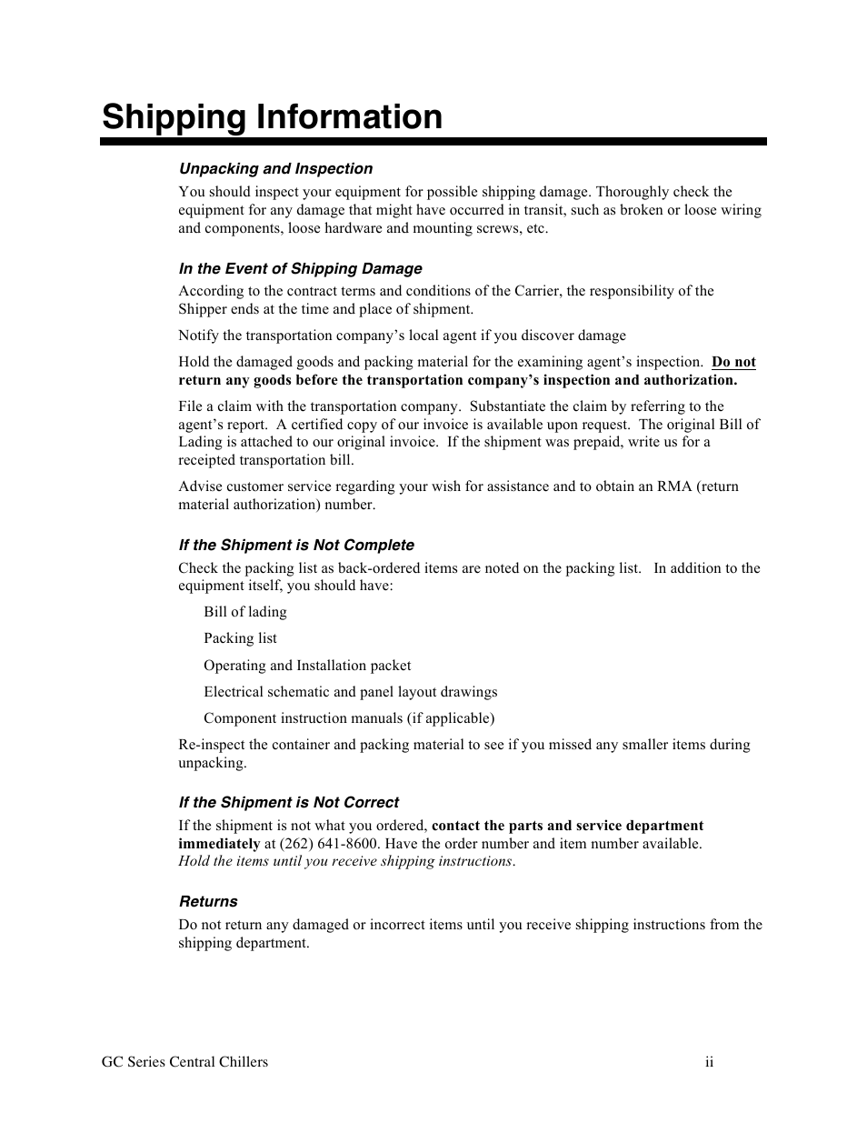 Shipping information | Sterlco GC Series Central Chiller User Manual | Page 2 / 79