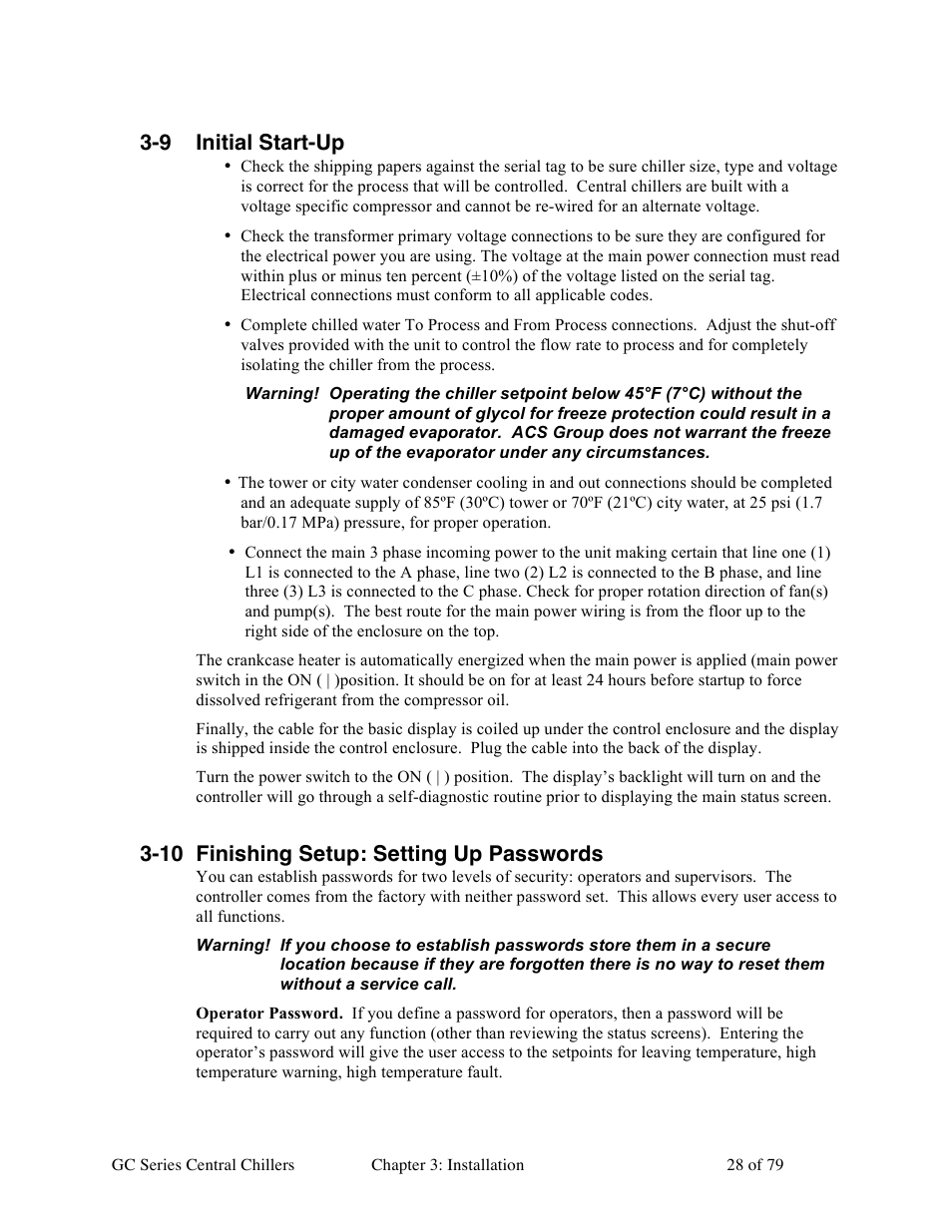 9 initial start-up, 10 finishing setup: setting up passwords | Sterlco GC Series Central Chiller User Manual | Page 28 / 79