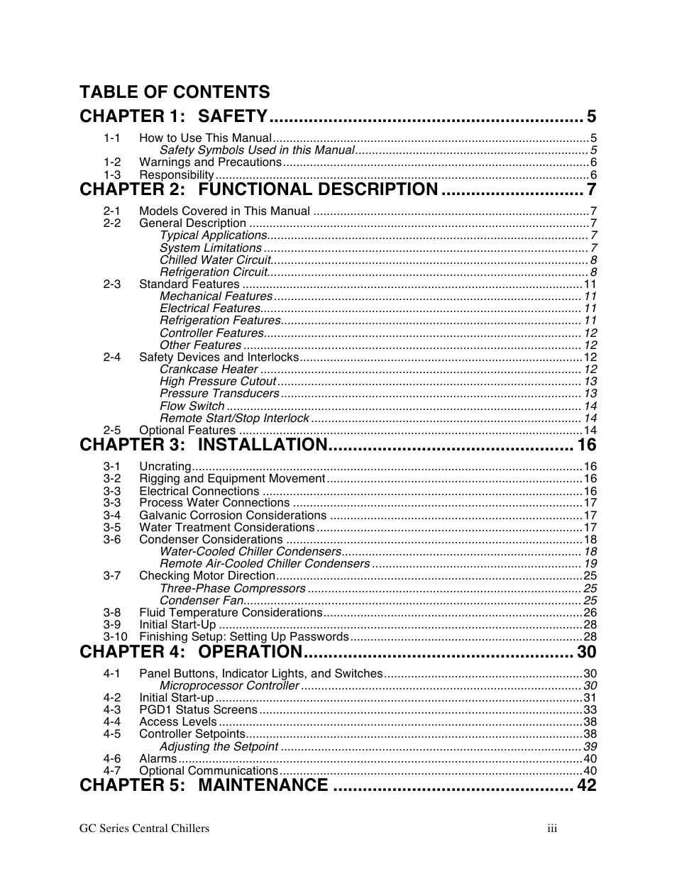Table of contents chapter 1, Safety, Chapter 2 | Functional description, Chapter 3, Installation, Chapter 4, Operation, Chapter 5, Maintenance | Sterlco GC Series Central Chiller User Manual | Page 3 / 79