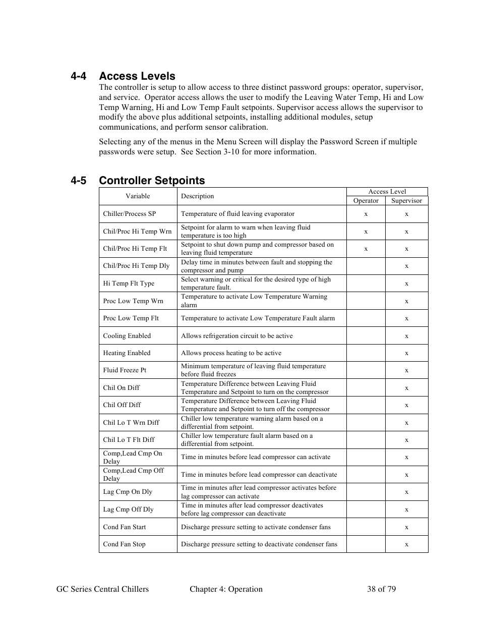 4 access levels, 5 controller setpoints | Sterlco GC Series Central Chiller User Manual | Page 38 / 79