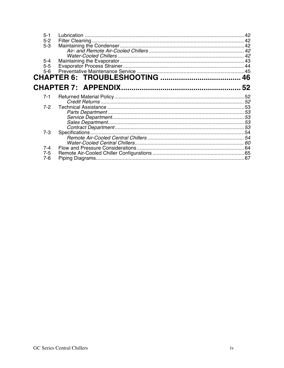 Chapter 6, Troubleshooting, Chapter 7 | Appendix | Sterlco GC Series Central Chiller User Manual | Page 4 / 79